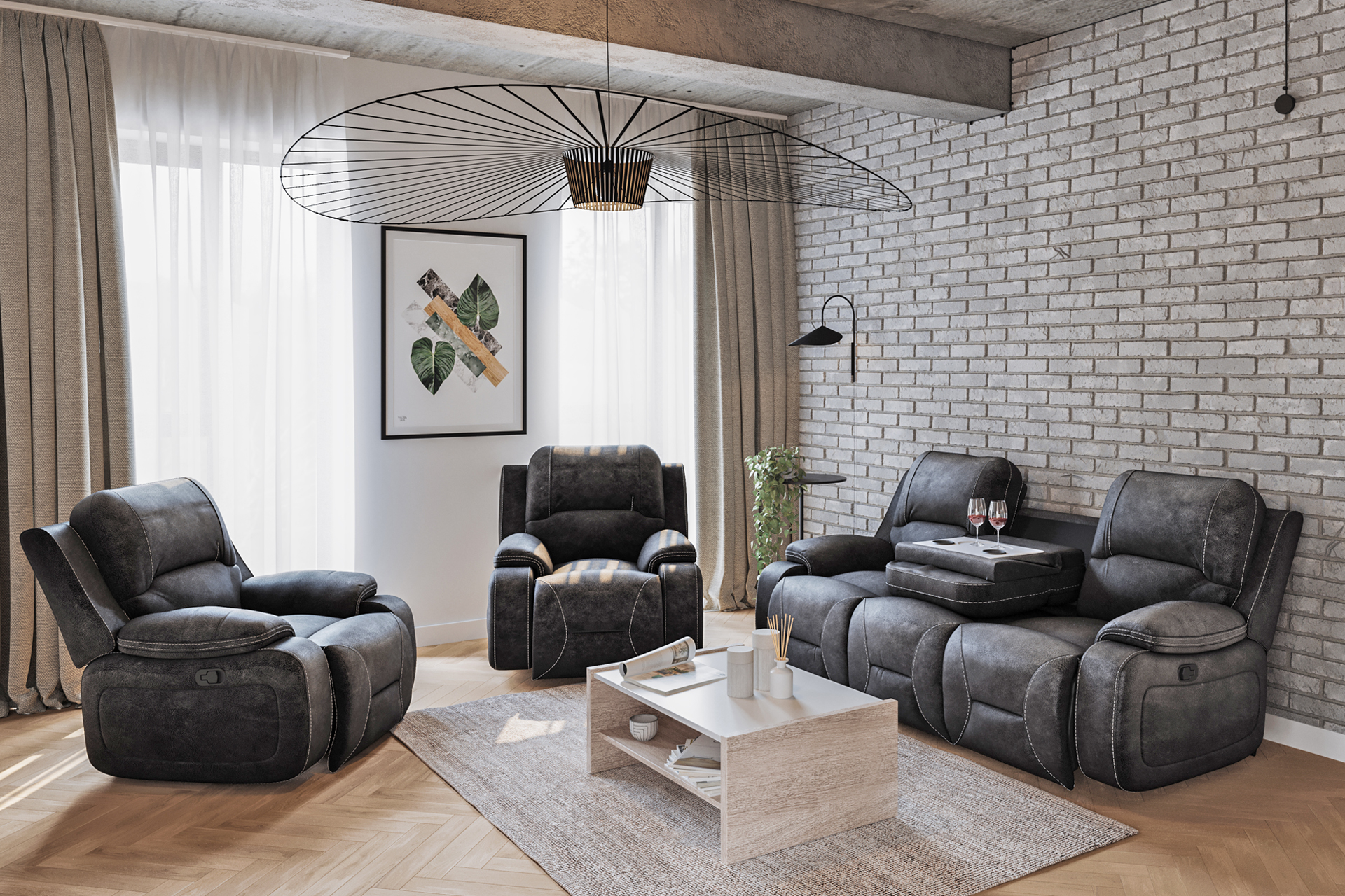 Pachet canapea Casino 3 locuri cu 2 reclinere și spătar rabatabil + 2 perne decorative - imagine 5