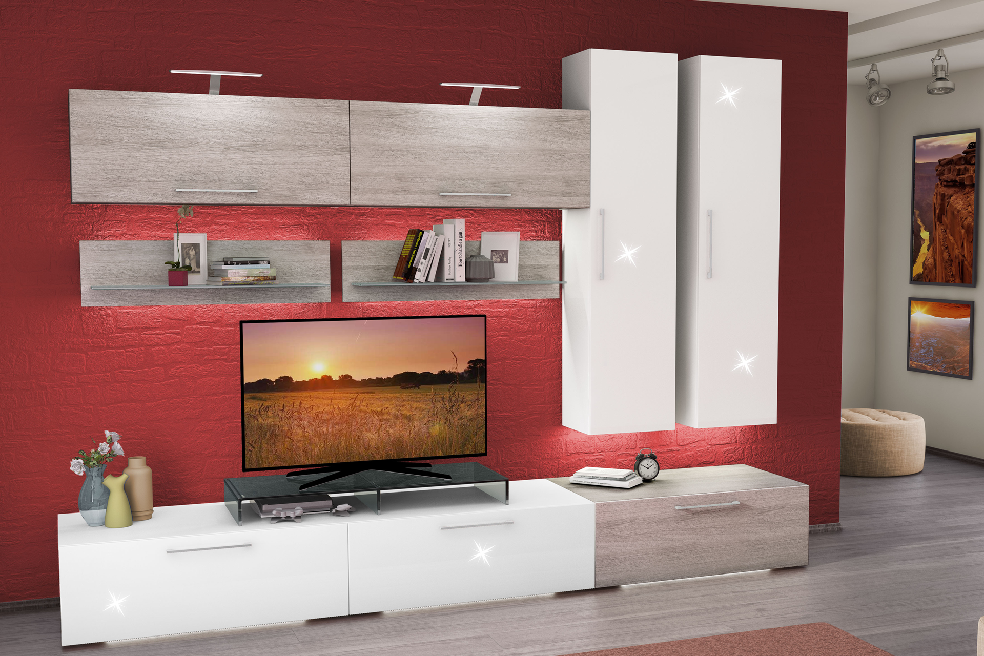 Living Box L300 stejar Italia/alb super lucios cu comodă cu uși