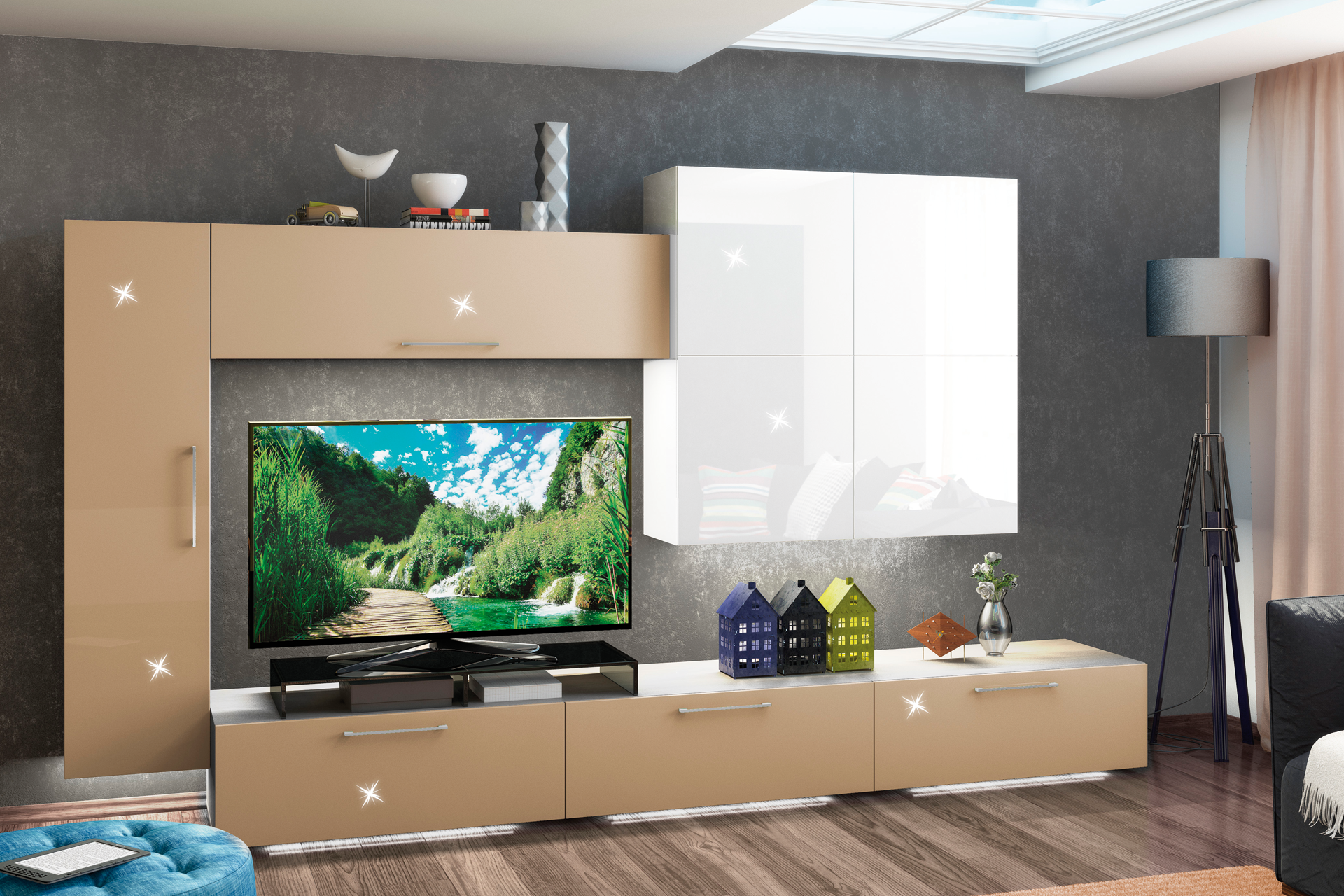 Living Box L340 cappuccino/alb super lucios