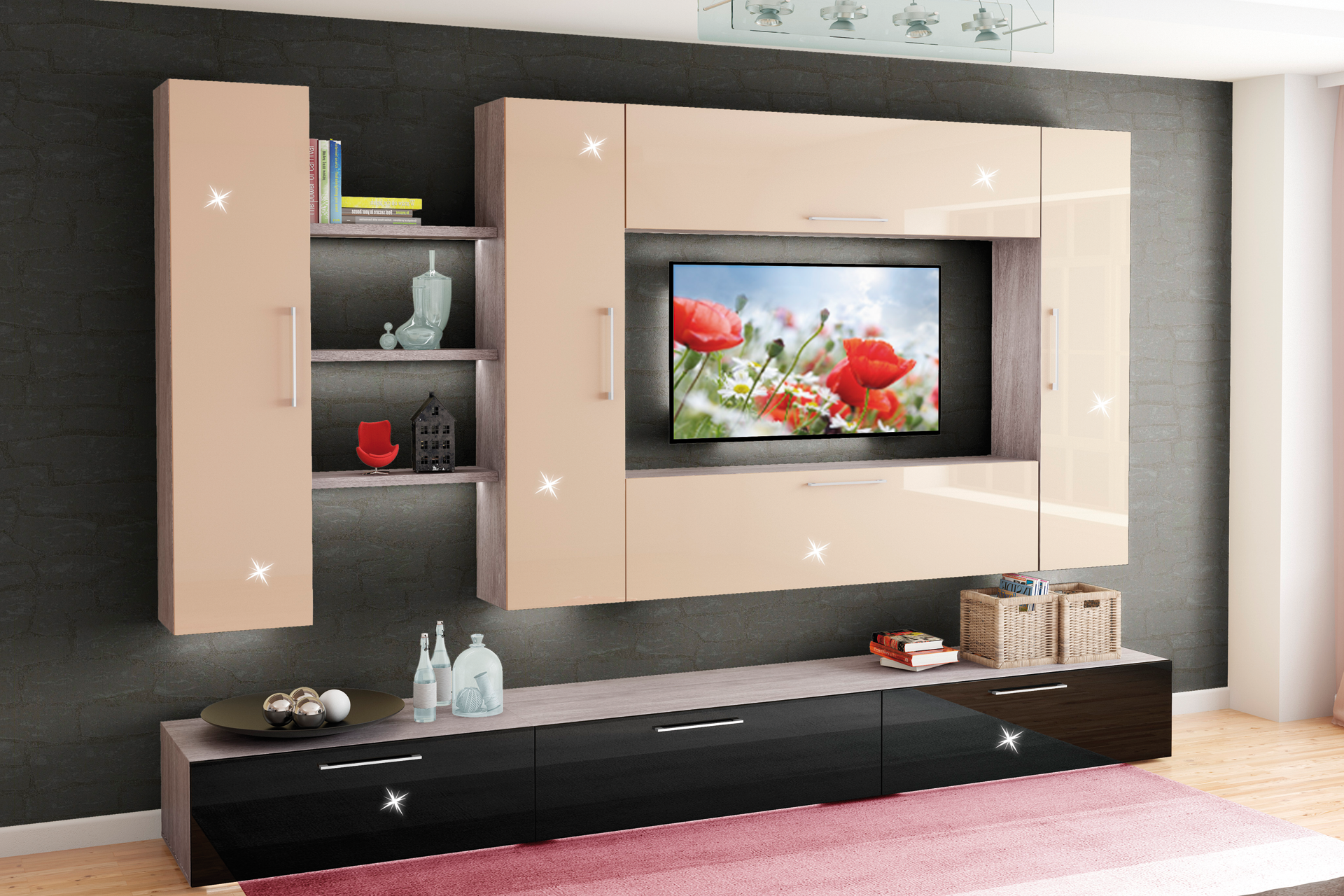 Living Box L340 negru/crem super lucios cu comodă combi
