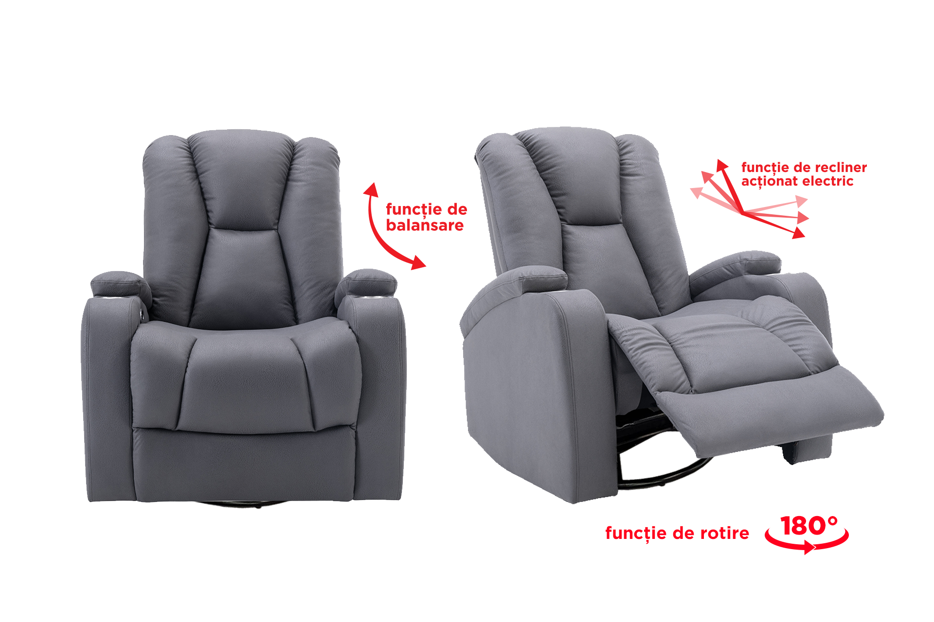 Pachet fotoliu cu recliner electric Regal Grey (balansoar, rotativ) + taburet tapițat pătrat - imagine 2