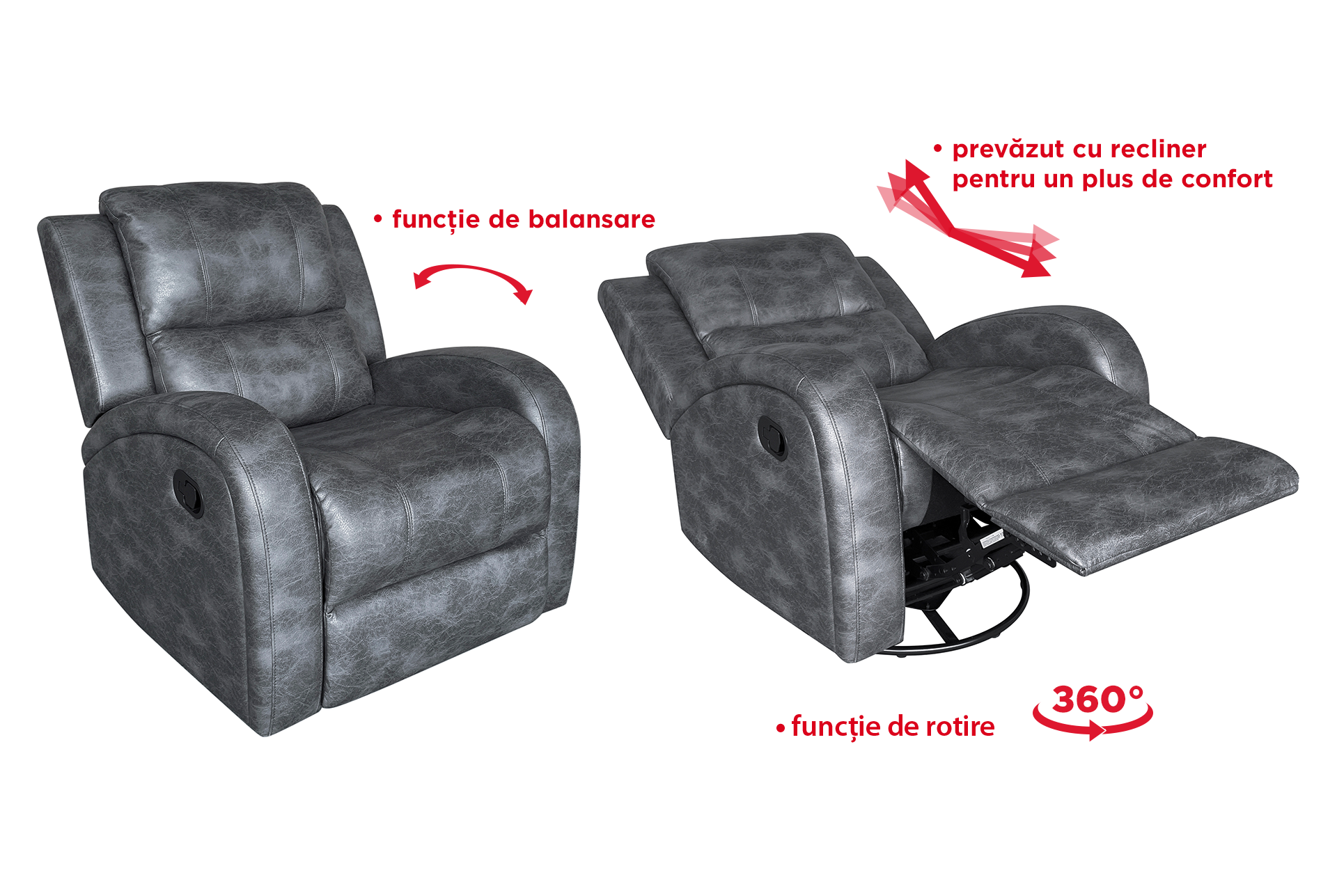 Pachet fotoliu cu recliner Toronto Grey (balansoar, rotativ) + taburet tapițat pătrat - imagine 2