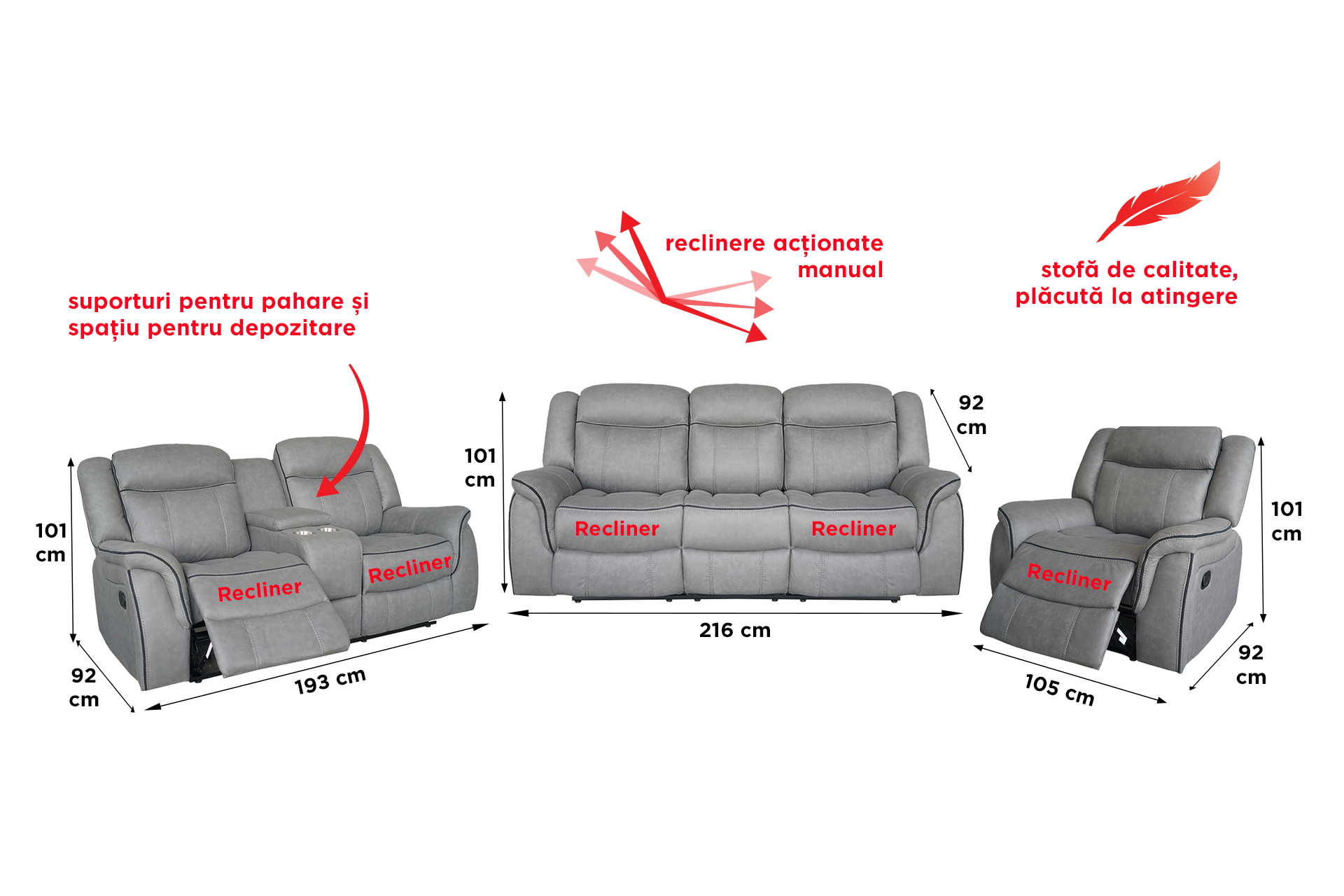 Pachet canapea Dover cu 2 locuri cu 2 reclinere și consolă + pernă decorativă - imagine 2