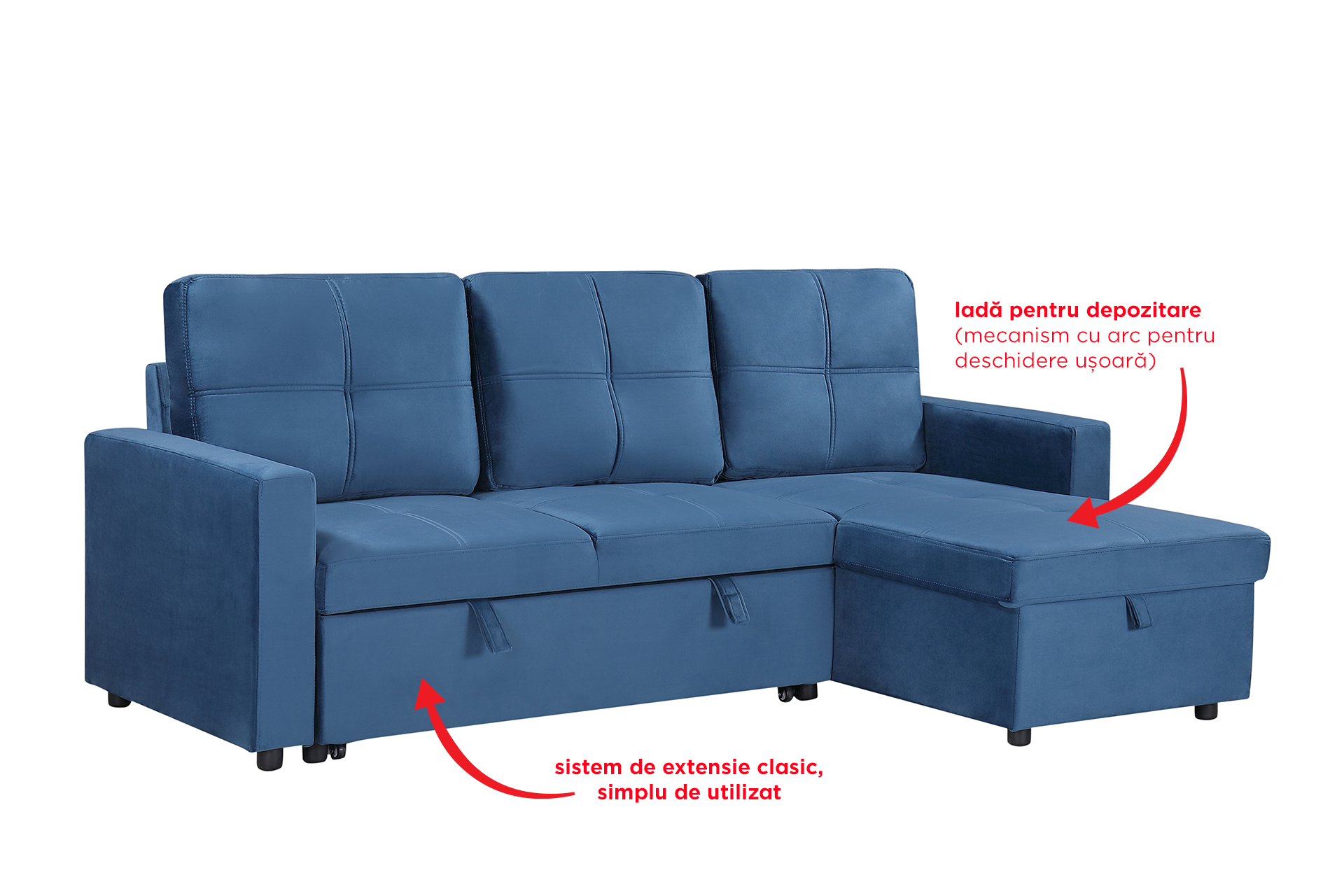 Pachet colțar extensibil Porto cu ladă pentru depozitare + pernă decorativă - imagine 3