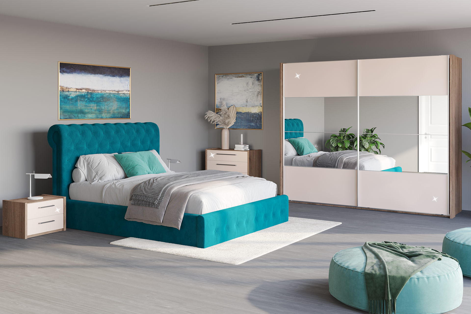 Pachet pat Bourbon tapițat integral + suport saltea sau 2 perne decorative - imagine 2