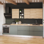 Bucatarie_City_L306_stejar Hicori + verde eucalipt Mobila de bucatarie moderna la comanda PAL melaminat hicori natur MDF frezat vopsit verde eucalipt lems