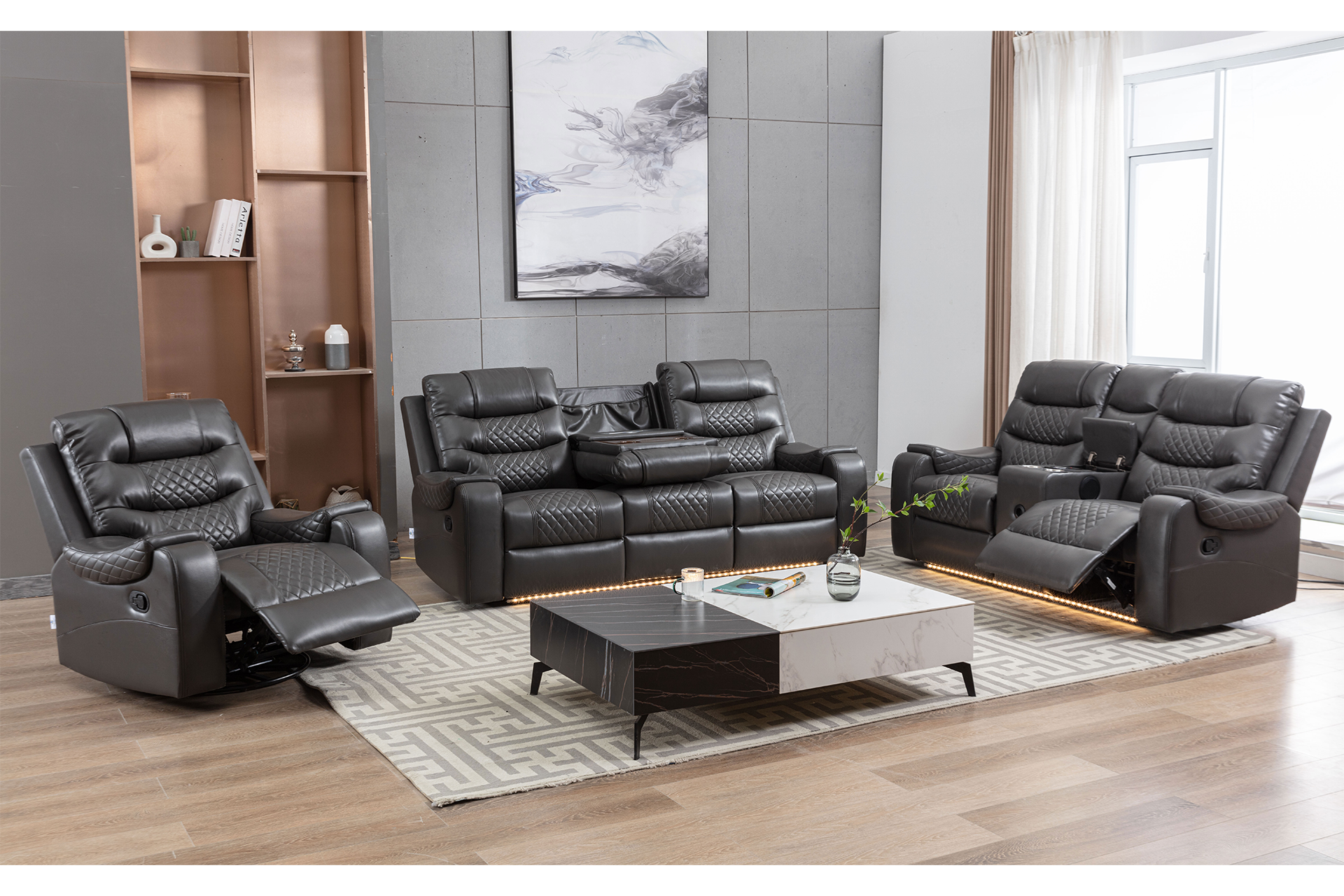 Pachet canapea Luxura 2 locuri cu 2 reclinere și consolă + pernă decorativă - imagine 2