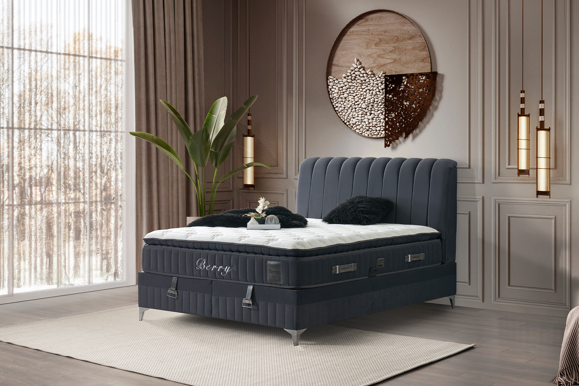 Pachet pat Berry albastru tapițat integral cu saltea inclusă + pernă decorativă - imagine 6