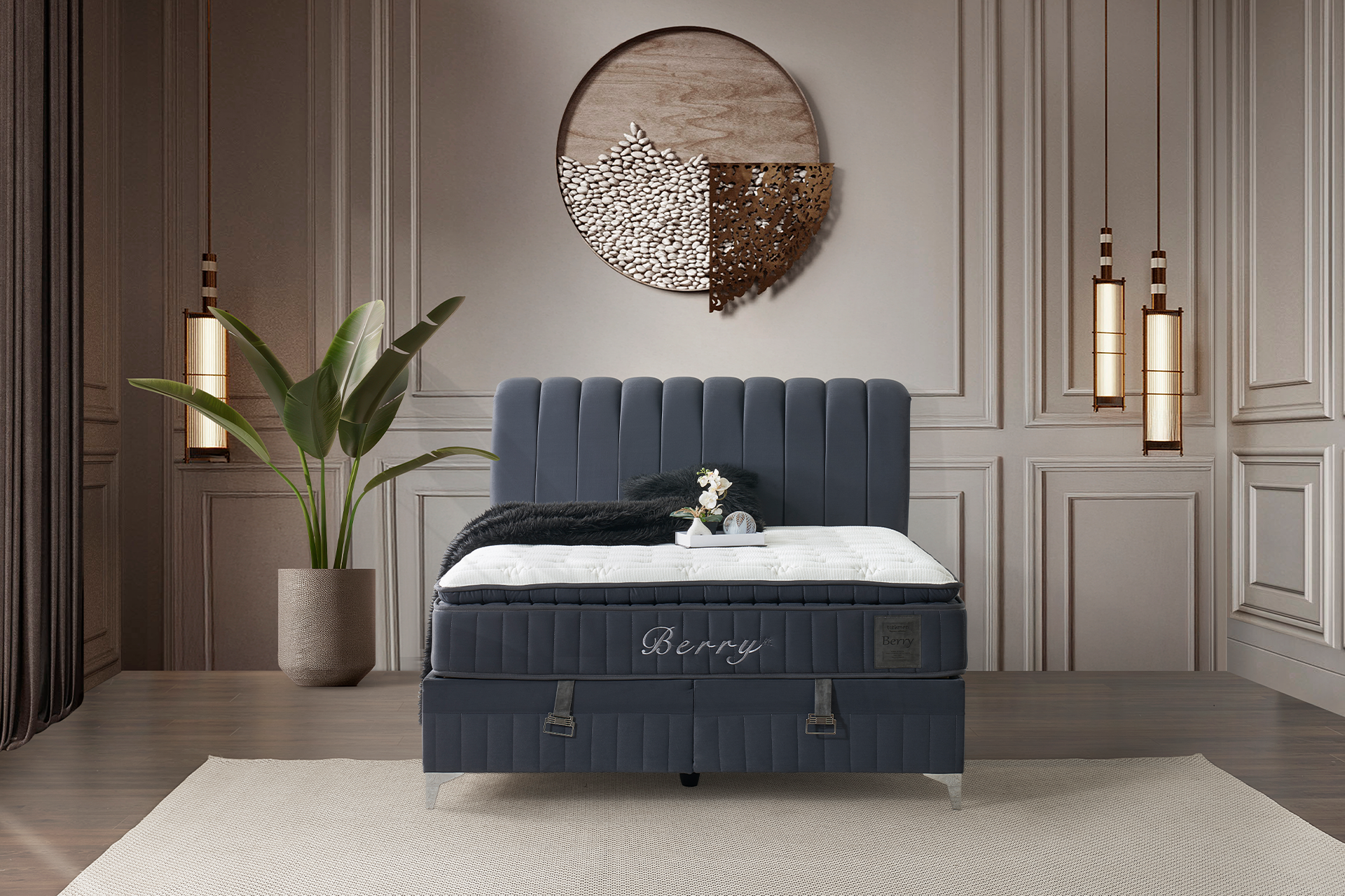 Pachet pat Berry albastru tapițat integral cu saltea inclusă + pernă decorativă - imagine 5