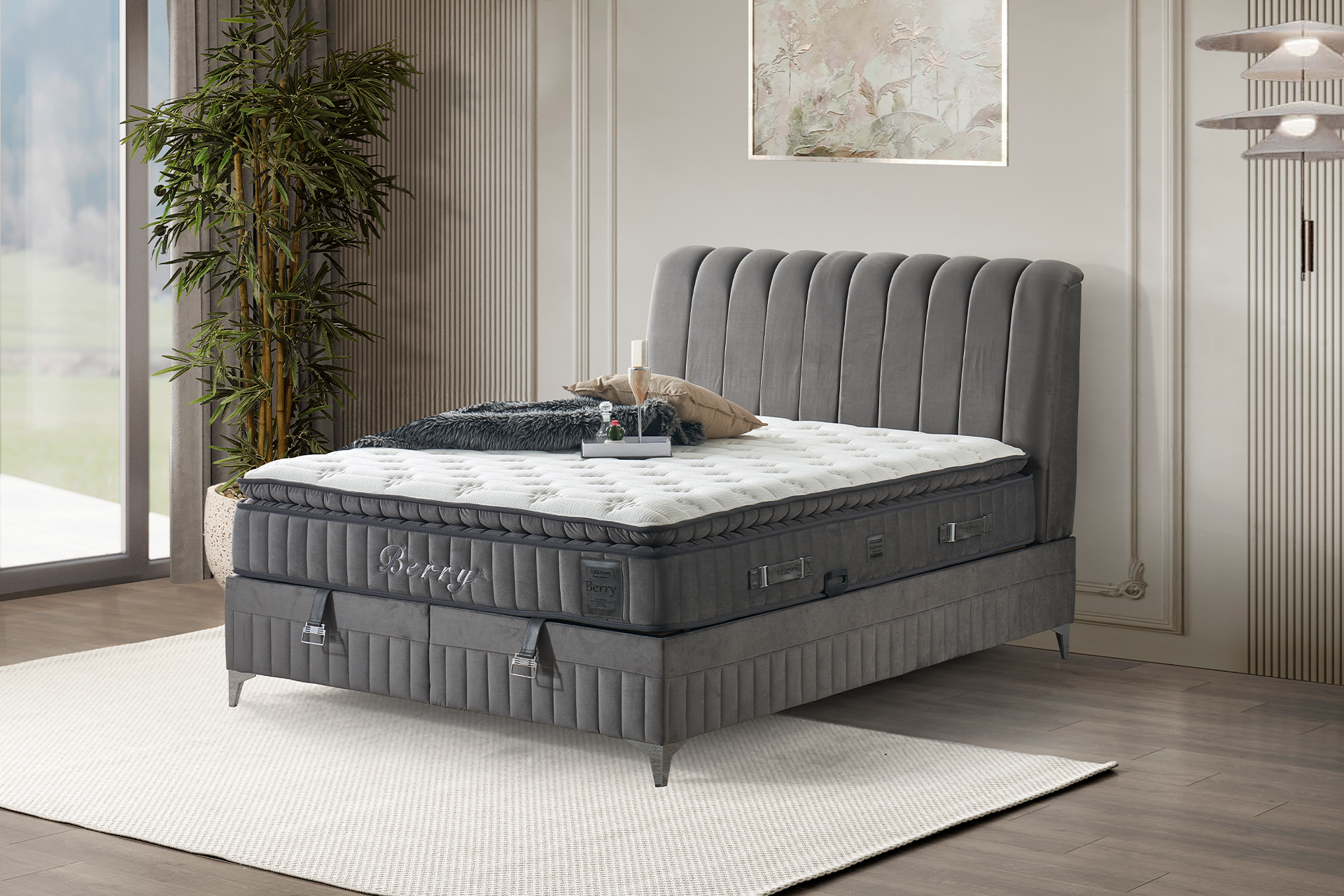 Pachet pat Berry gri tapițat integral cu saltea inclusă + pernă decorativă - imagine 3