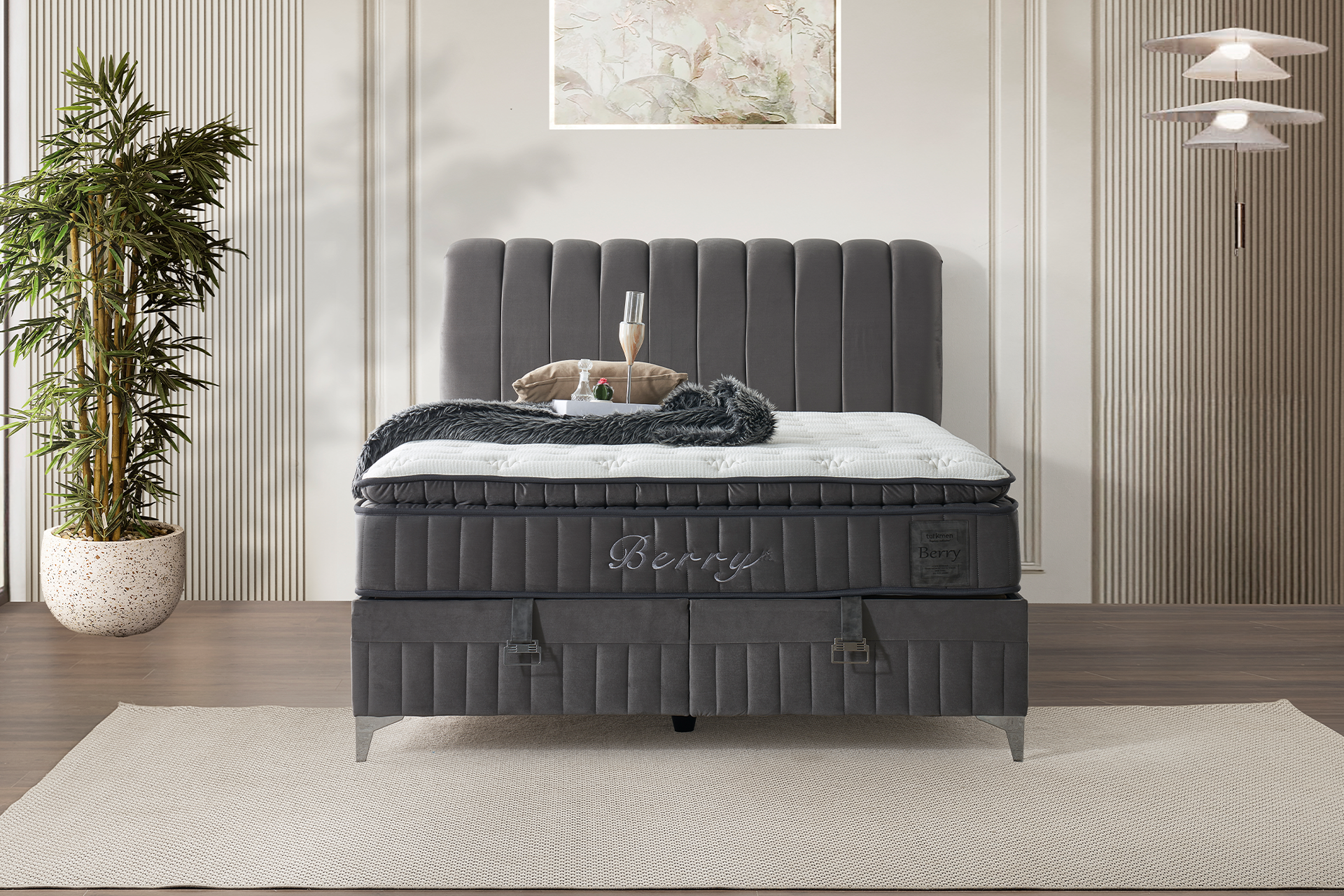 Pachet pat Berry albastru tapițat integral cu saltea inclusă + pernă decorativă - imagine 17