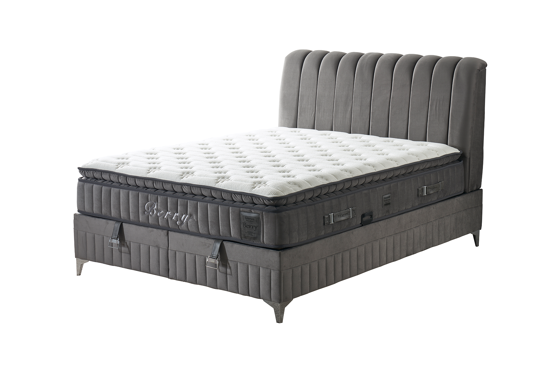 Pachet pat Berry gri tapițat integral cu saltea inclusă + pernă decorativă - imagine 6