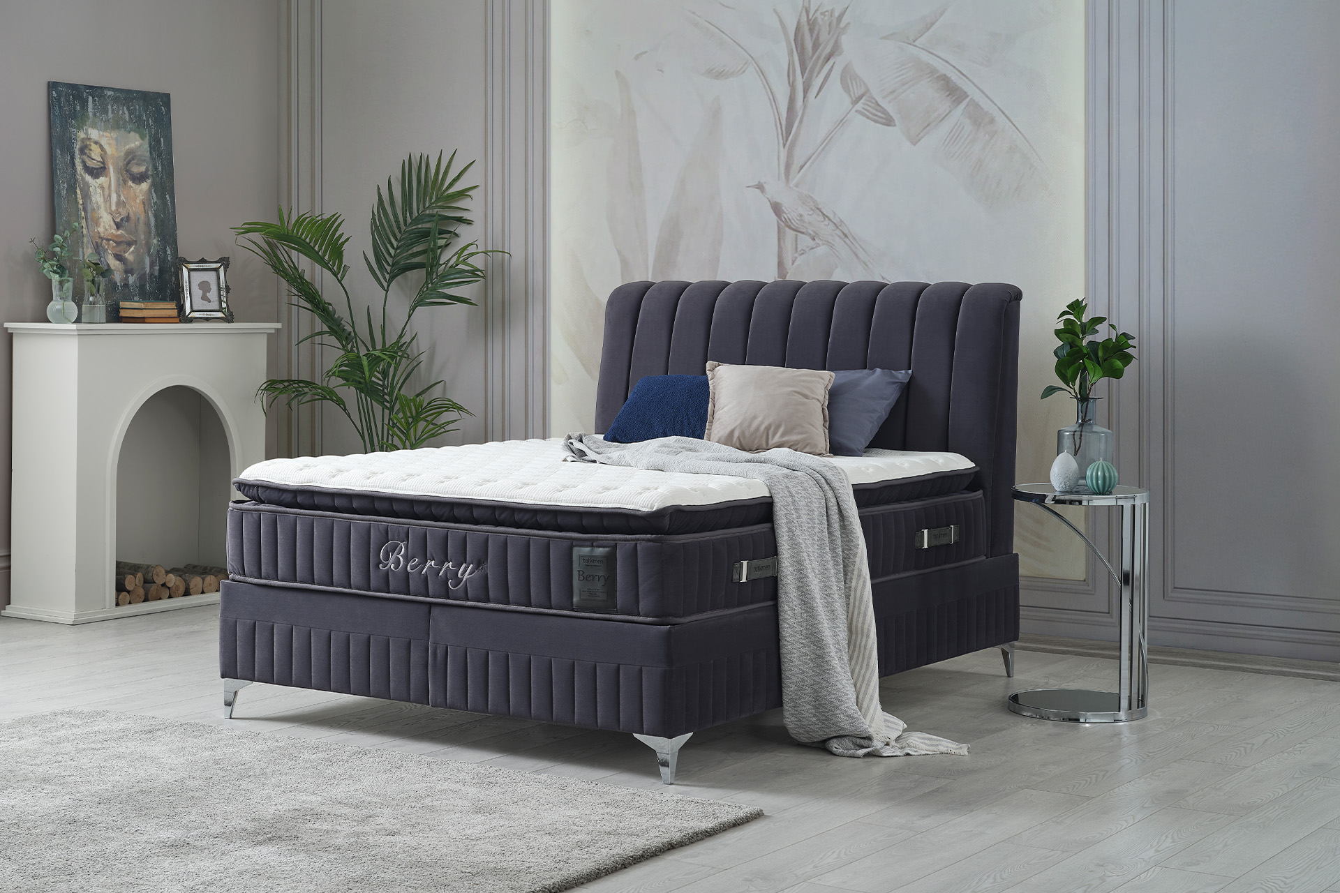Pachet pat Berry albastru tapițat integral cu saltea inclusă + pernă decorativă - imagine 2