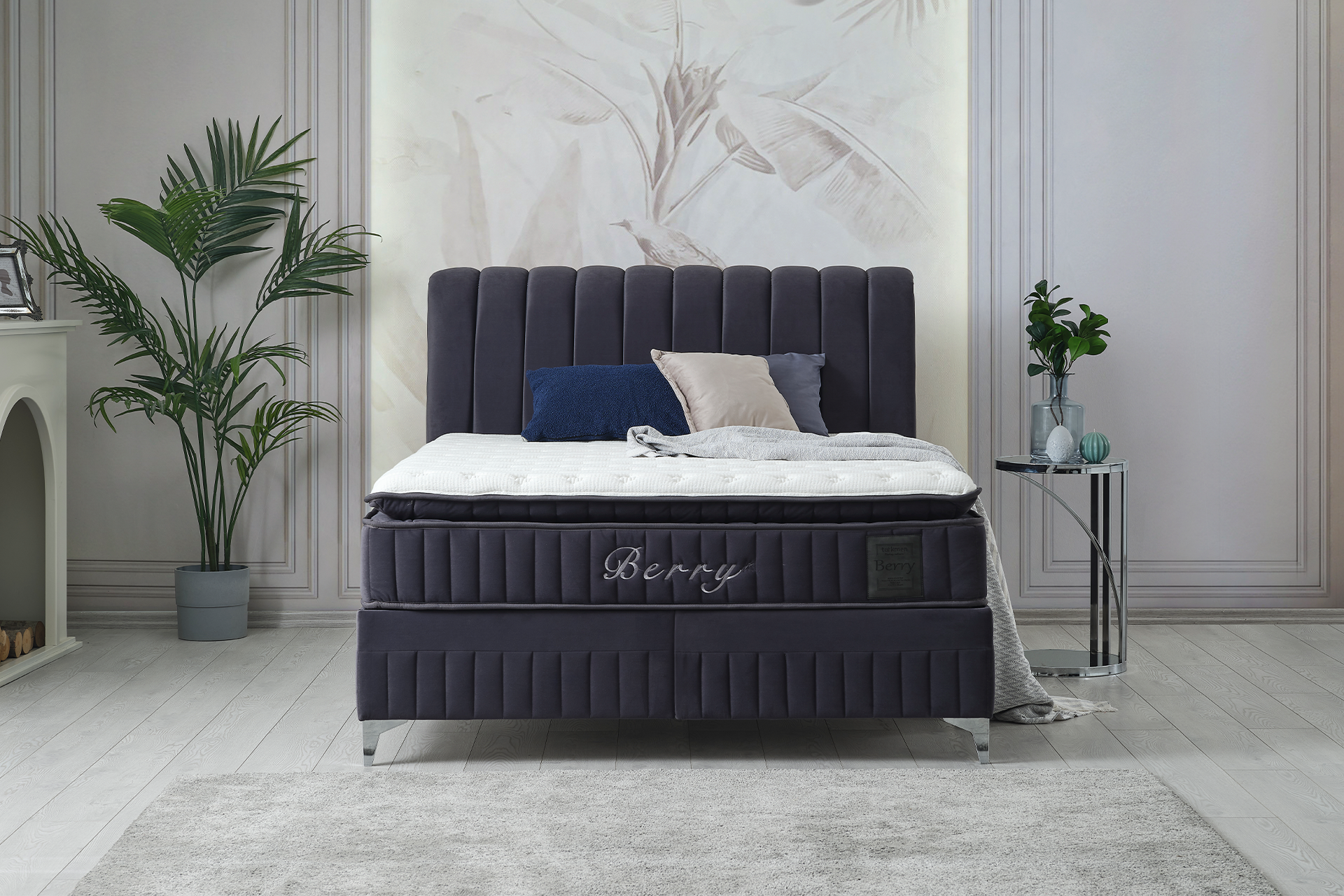 Pachet pat Berry albastru tapițat integral cu saltea inclusă + pernă decorativă - imagine 3