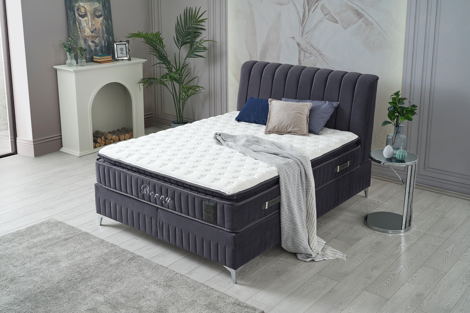Pachet pat Berry albastru tapițat integral cu saltea inclusă + pernă decorativă - imagine 4