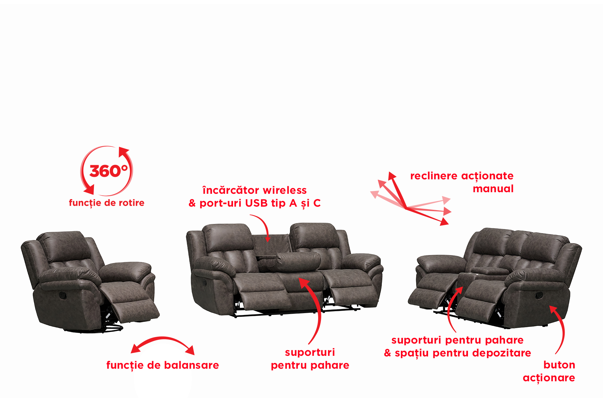 Pachet canapea Noblesse 2 locuri cu 2 reclinere și consolă + pernă decorativă - imagine 6