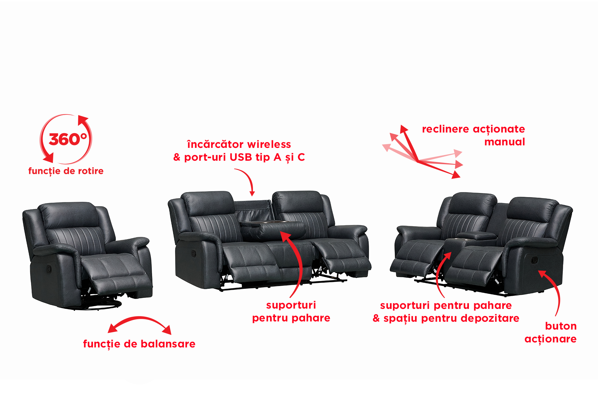 Pachet canapea Zenith 2 locuri cu 2 reclinere și consolă + pernă decorativă - imagine 5