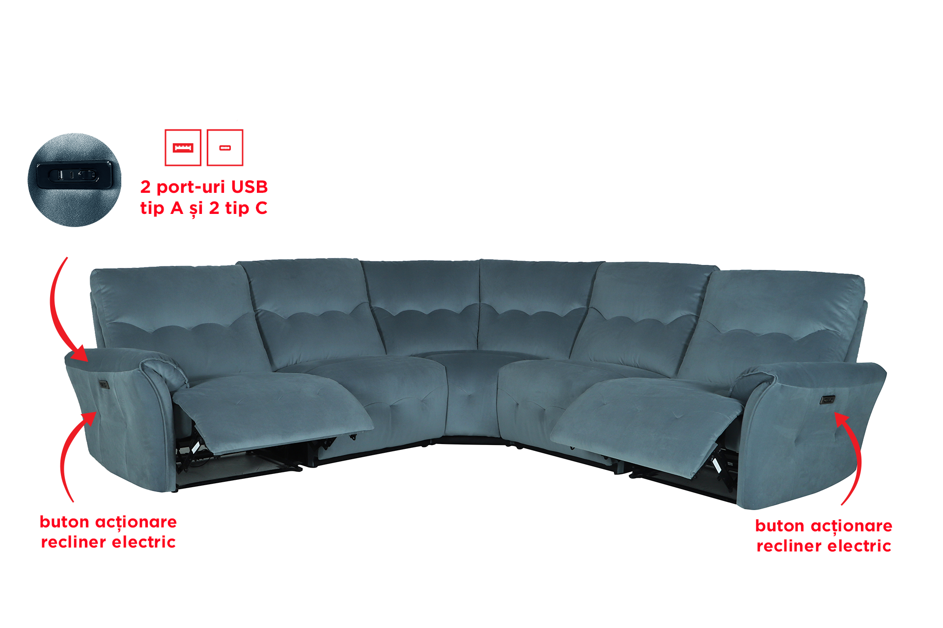 Pachet colțar cu reclinere electrice Grandeur + pernă decorativă - imagine 3