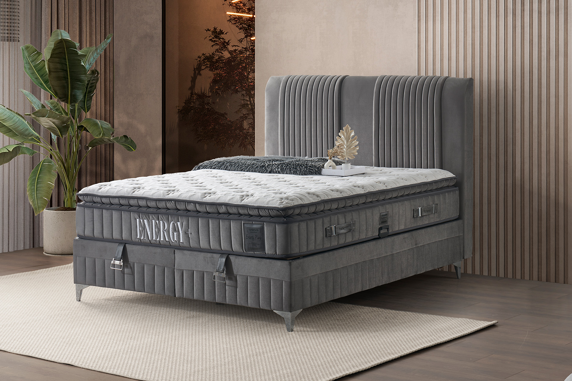 Pachet pat Energy tapițat integral cu saltea inclusă + pernă decorativă - imagine 3