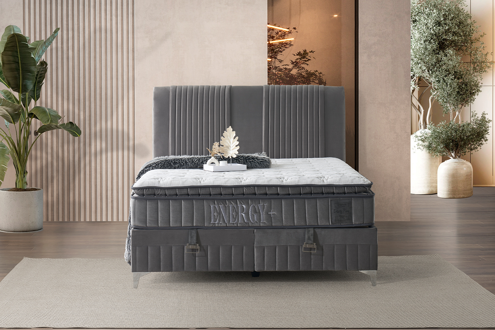 Pachet pat Energy tapițat integral cu saltea inclusă + pernă decorativă - imagine 2
