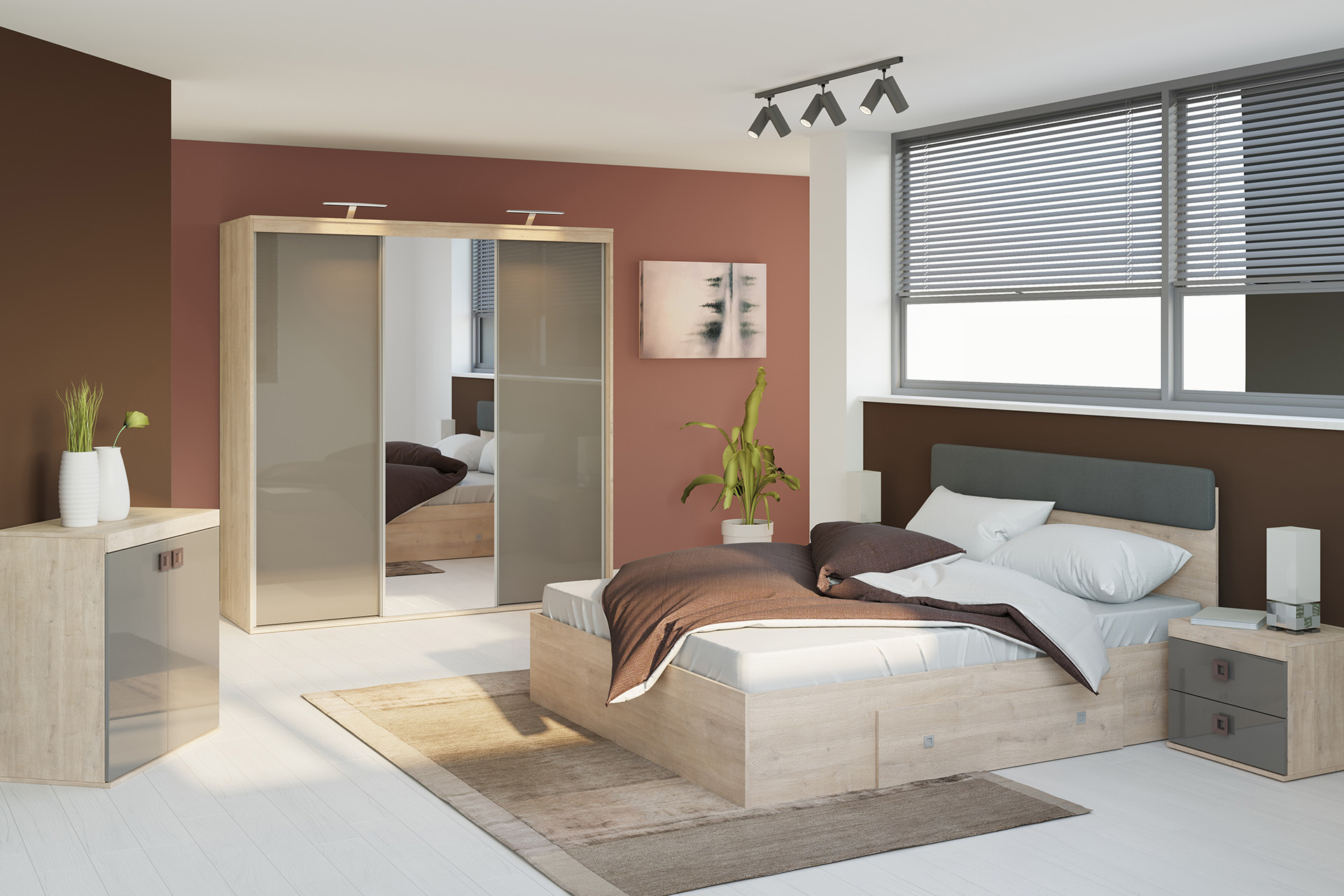 Dormitor Domino cu șifonier 3 uși L198 și pat cu 1 sertar - imagine 2