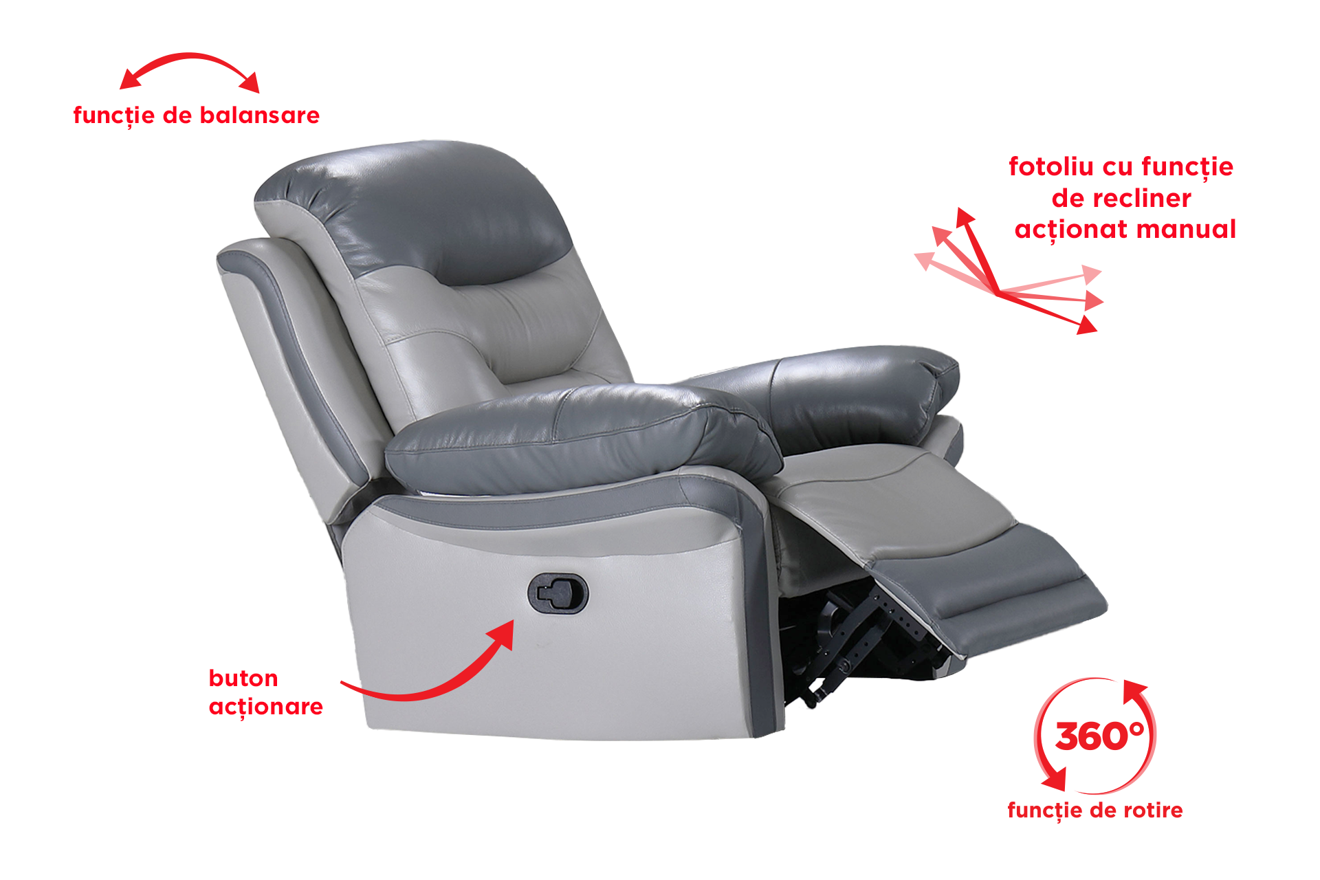 Pachet fotoliu cu recliner Macao gri (balansoar, rotativ) + pernă decorativă - imagine 4