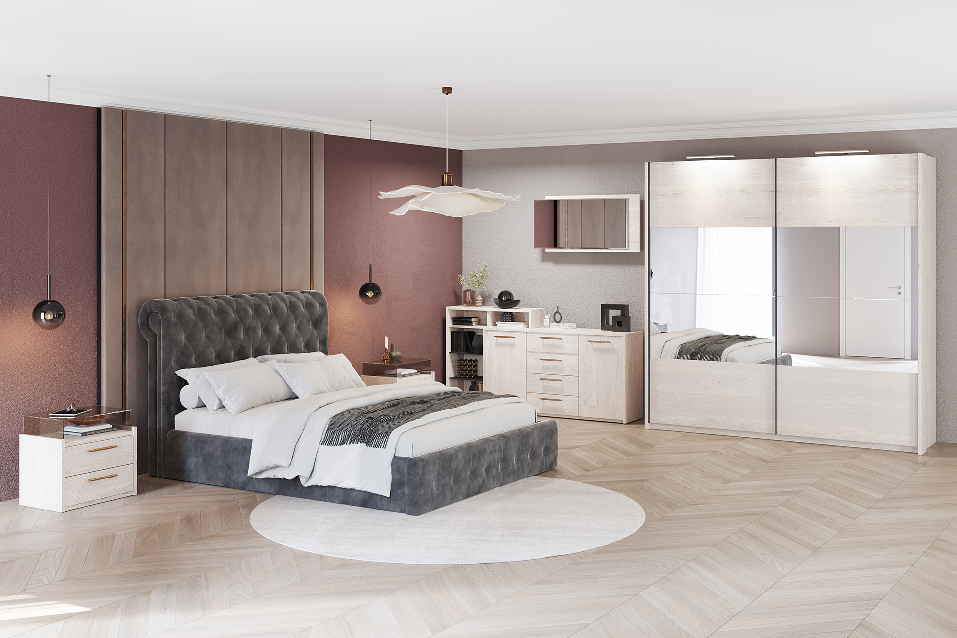 Pachet pat Bourbon tapițat integral + suport saltea sau 2 perne decorative - imagine 3