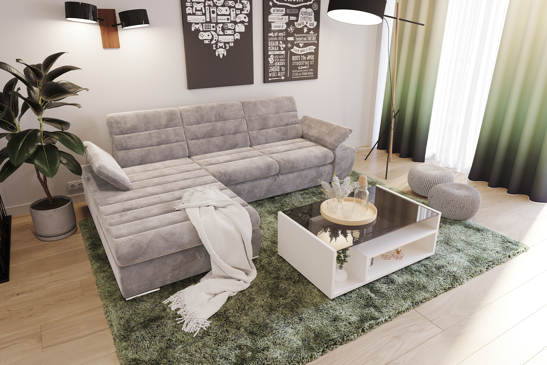 Pachet colțar extensibil Galaxy cu ladă pentru depozitare + 2 perne decorative - imagine 3