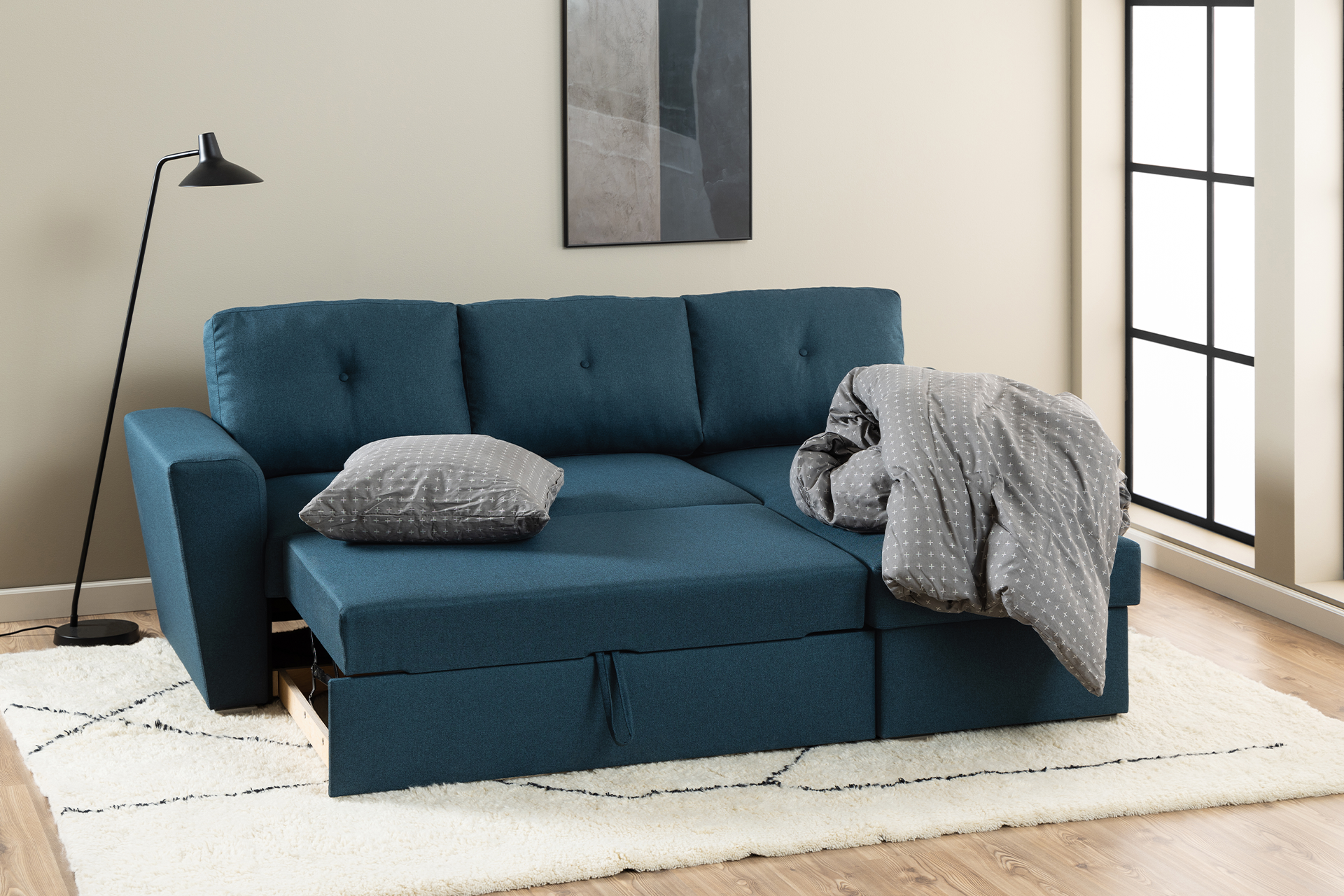 Pachet colțar Whitby albastru cu ladă pentru depozitare + pernă decorativă - imagine 4