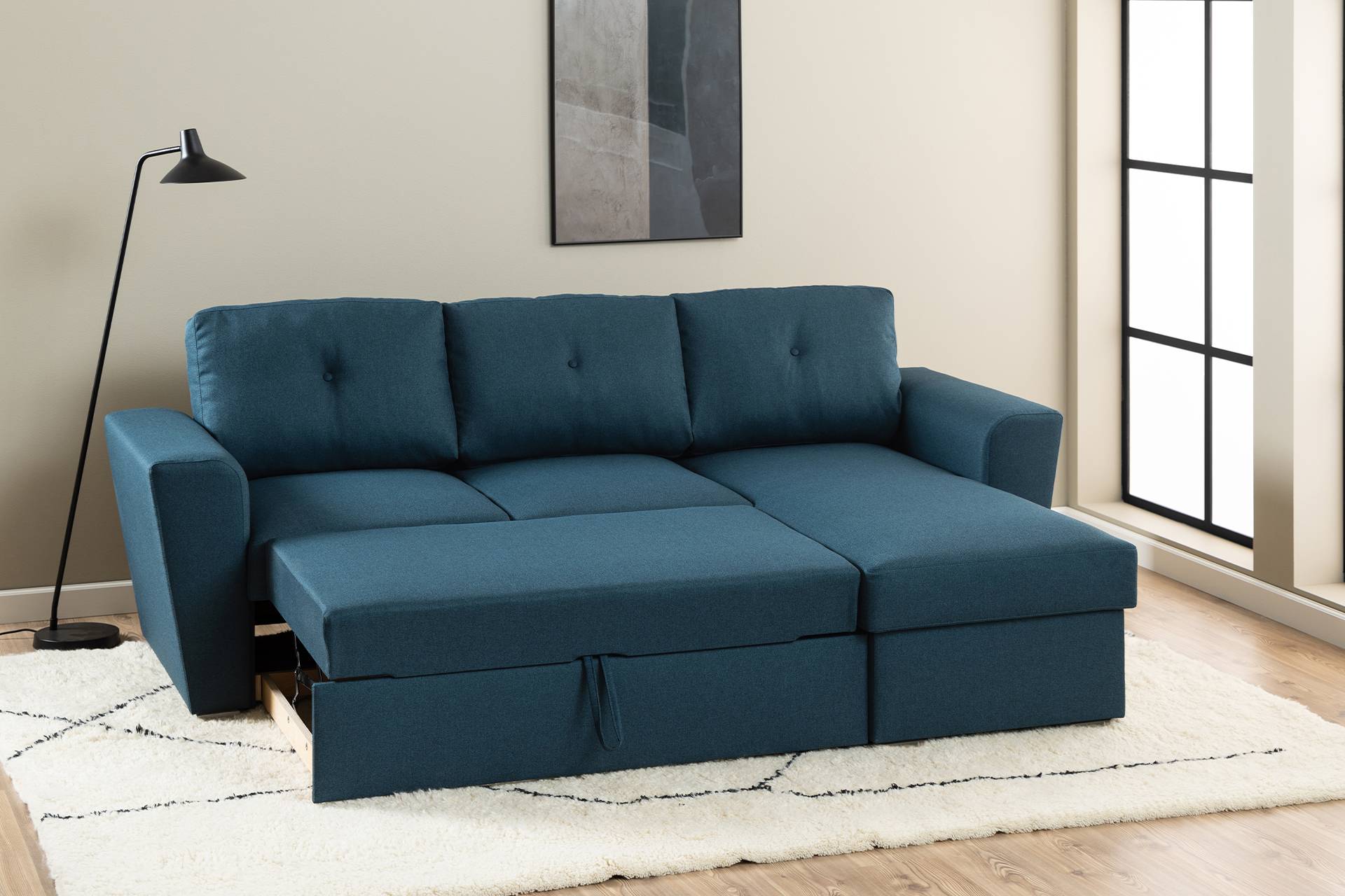 Pachet colțar Whitby albastru cu ladă pentru depozitare + pernă decorativă - imagine 3