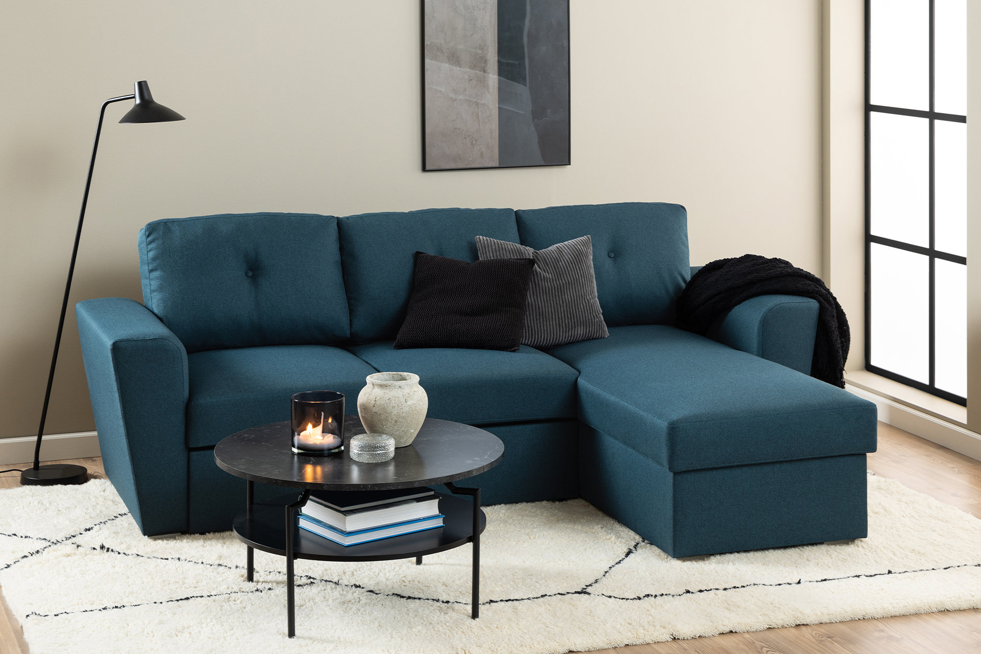 Pachet colțar Whitby albastru cu ladă pentru depozitare + pernă decorativă - imagine 2
