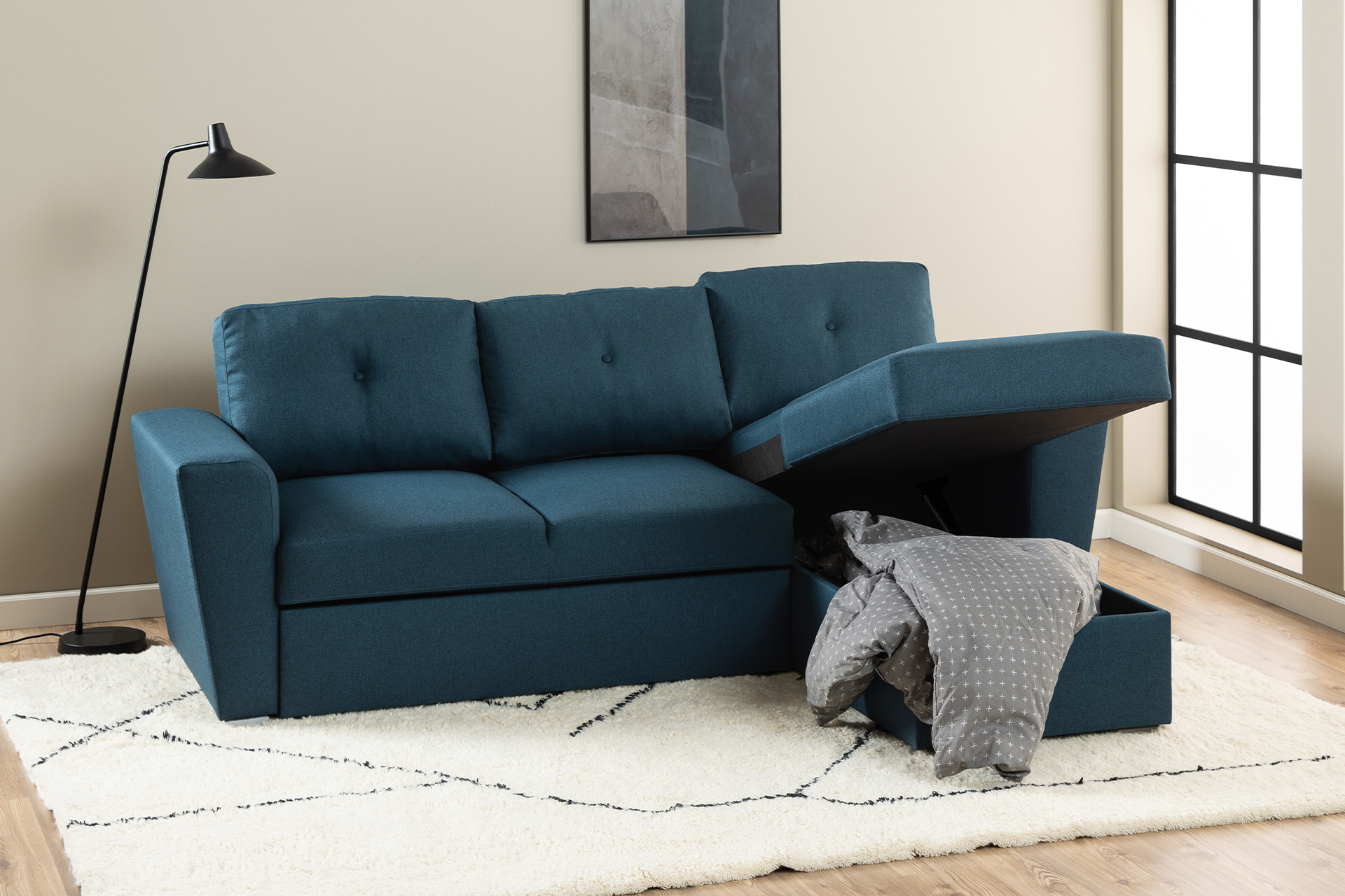 Pachet colțar Whitby albastru cu ladă pentru depozitare + pernă decorativă - imagine 5