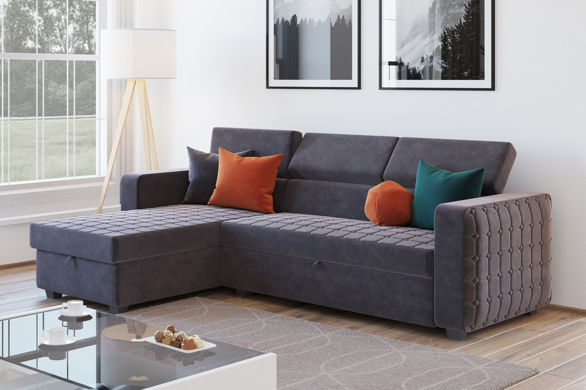 Pachet colțar extensibil cu tetiere și ladă pentru depozitare + 2 perne decorative - imagine 2