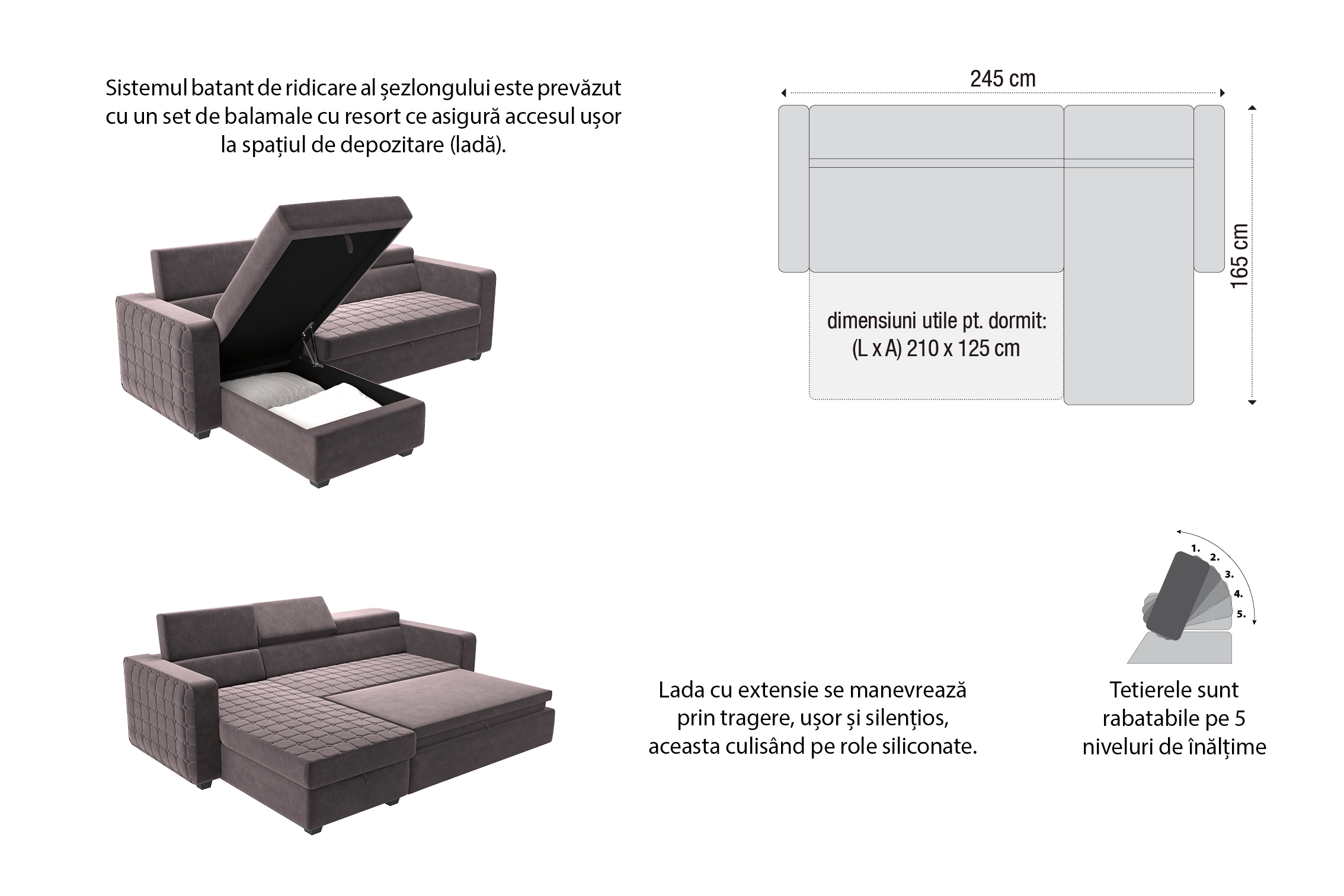 Pachet colțar extensibil cu tetiere și ladă pentru depozitare + 2 perne decorative - imagine 6