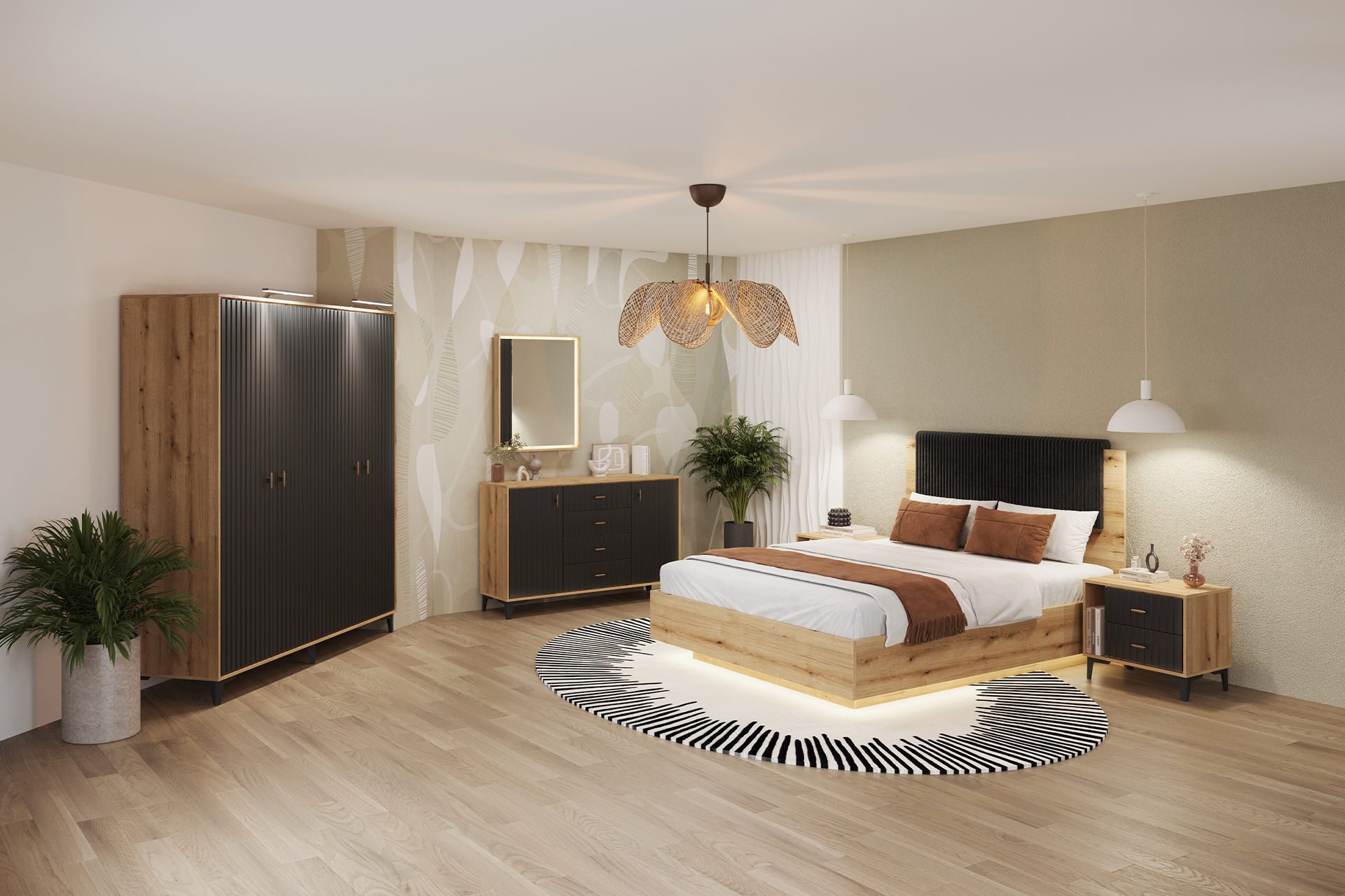 Kit 9 dormitor Elegance cu șifonier 4 uși L183