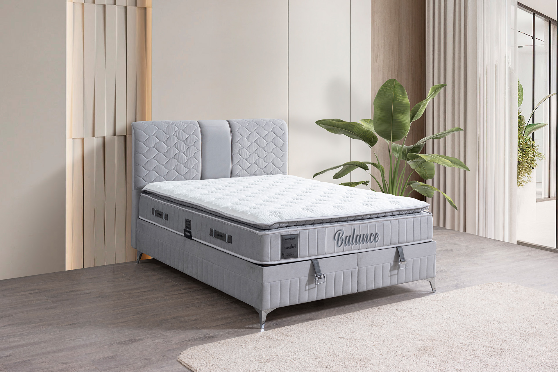 Pachet pat Balance Plus tapițat integral cu saltea inclusă + pernă decorativă - imagine 2
