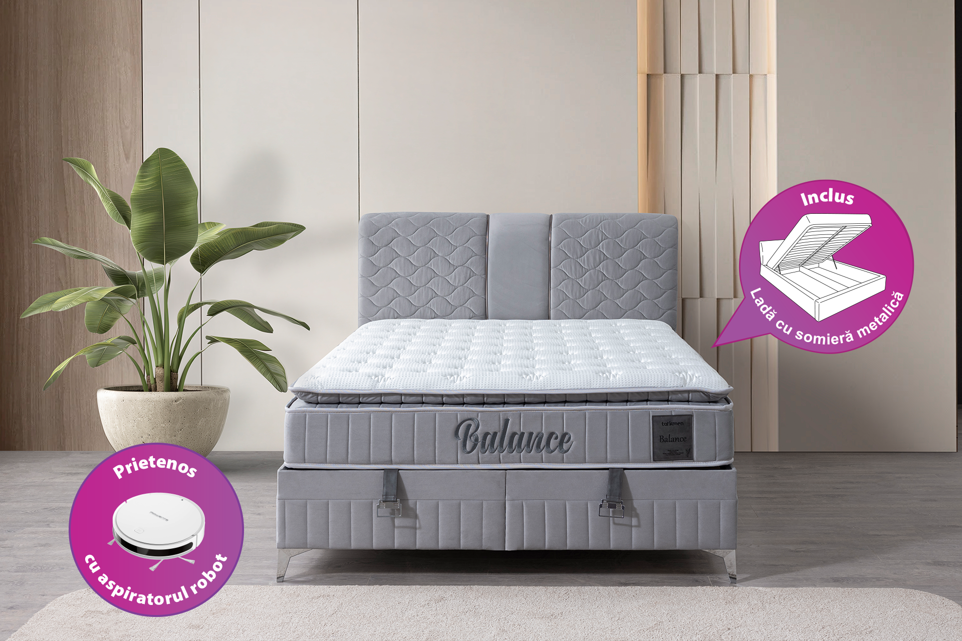 Pachet pat Balance Plus tapițat integral cu saltea inclusă + pernă decorativă - imagine 3