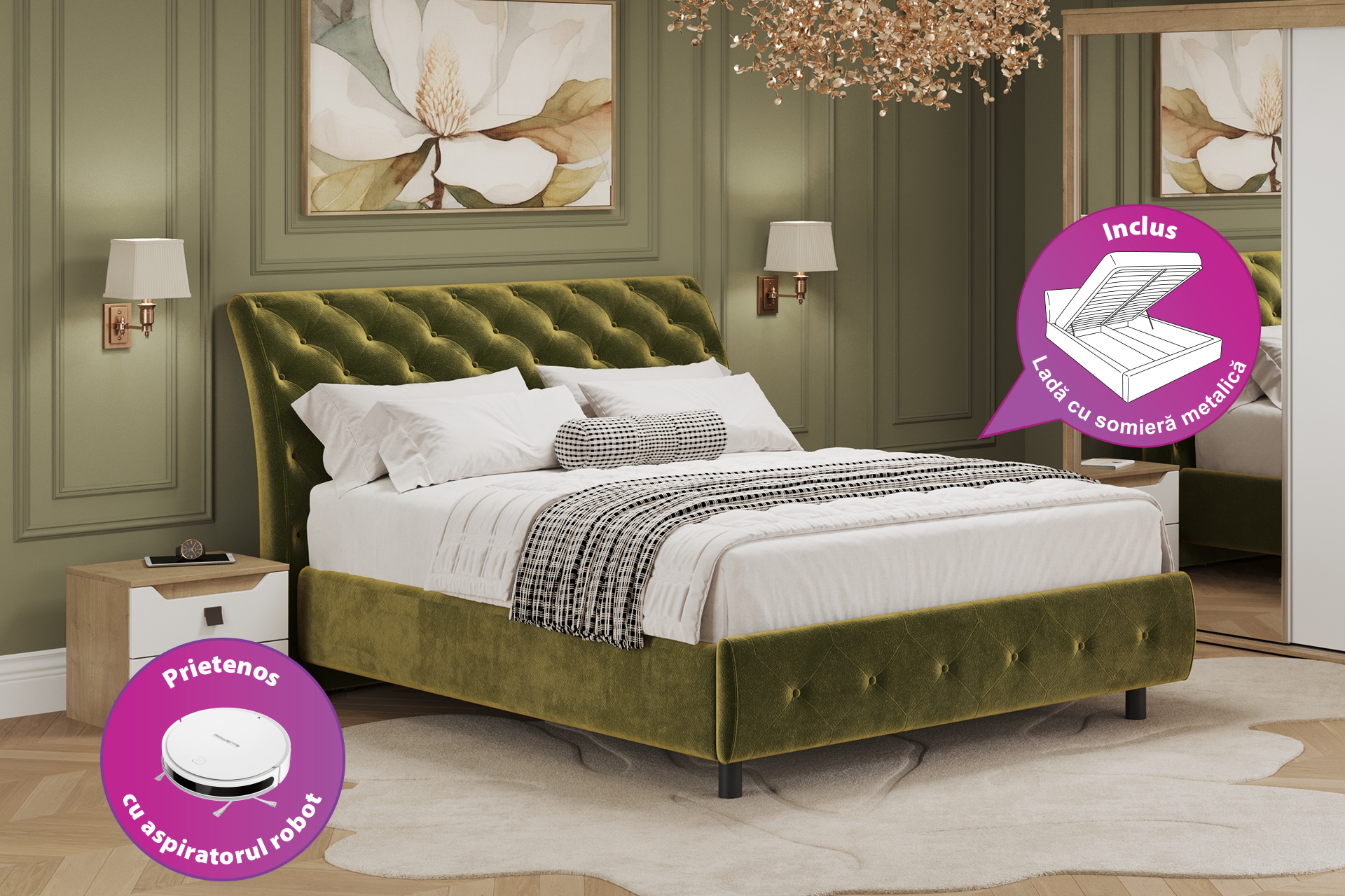 Pachet pat Baron tapițat integral + 2 perne decorative - imagine 2
