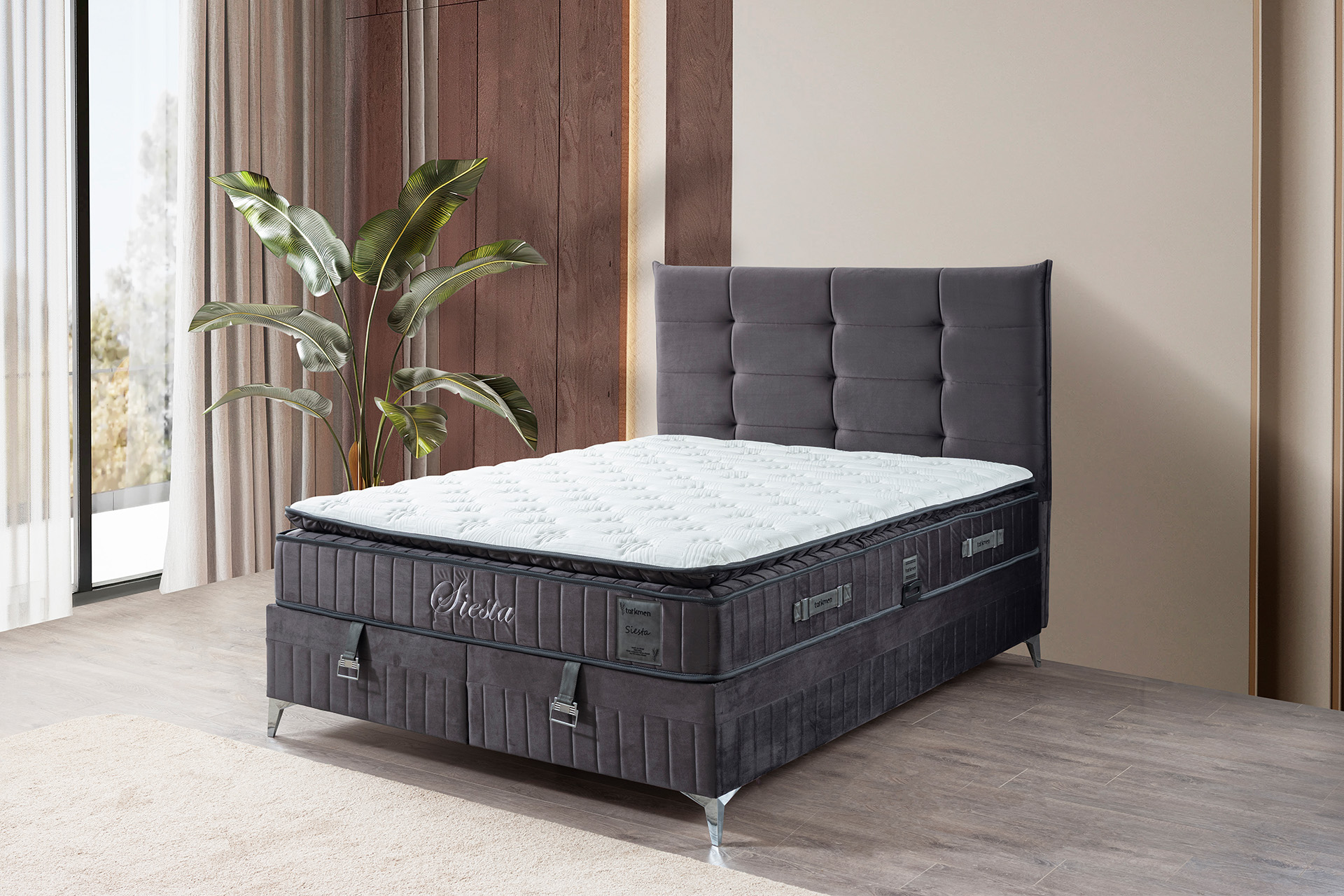 Pachet pat Siesta Plus tapițat integral cu saltea inclusă + pernă decorativă - imagine 3