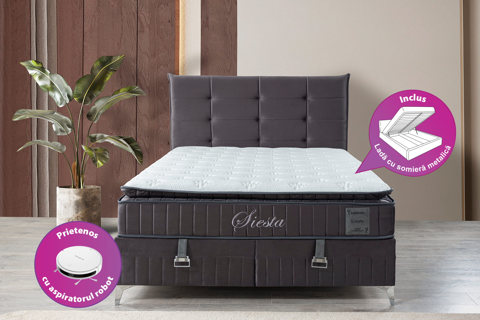Pachet pat Siesta Plus tapițat integral cu saltea inclusă + pernă decorativă - imagine 2