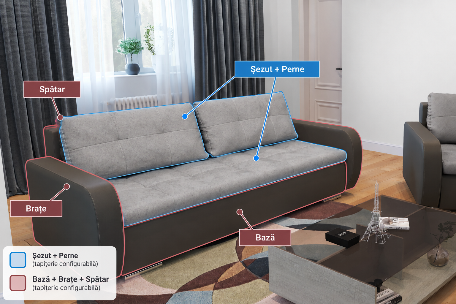 Pachet canapea extensibilă Mondo cu ladă pentru depozitare + 2 perne decorative - imagine 3