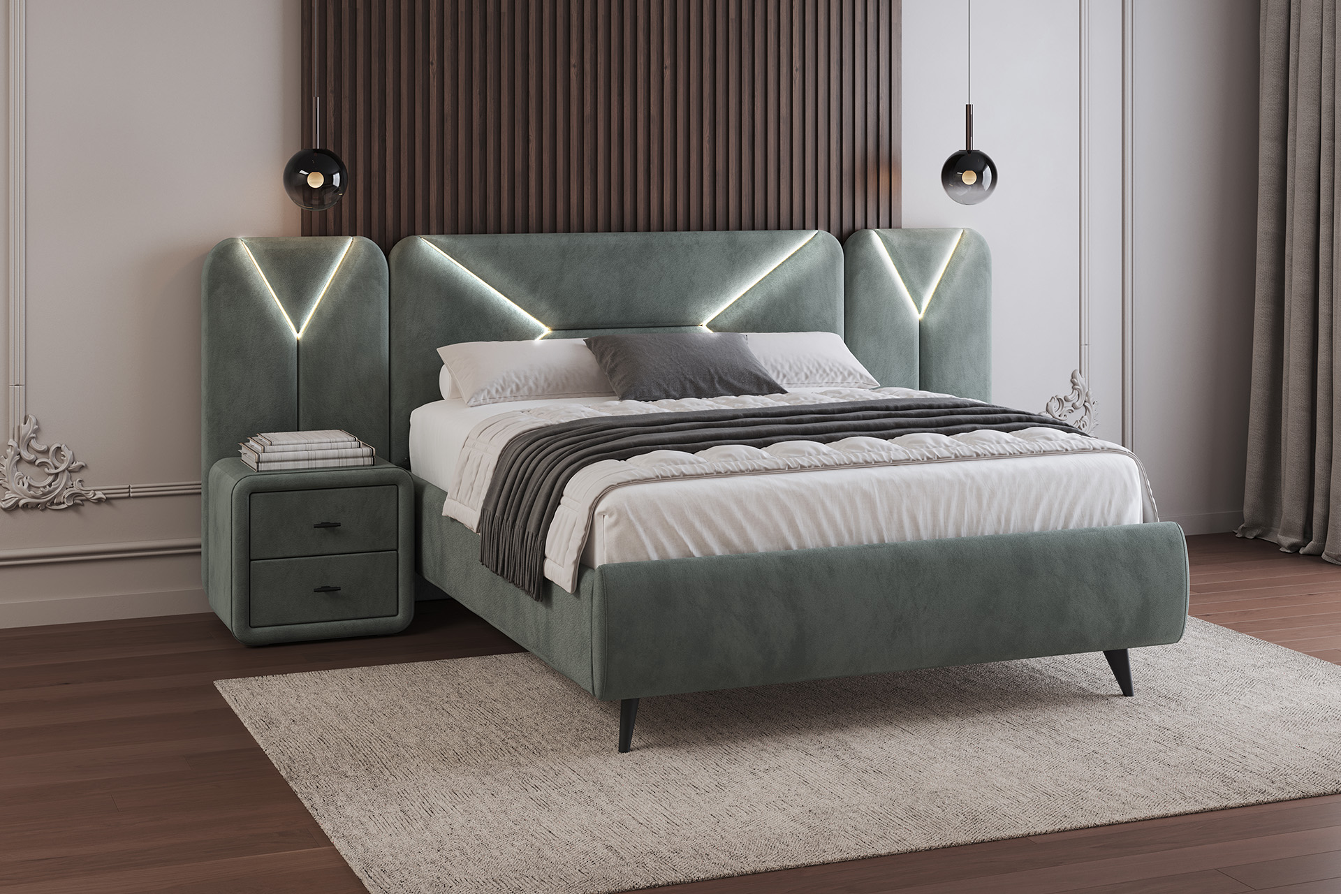 Pachet pat Nova tapițat integral cu iluminare LED + 2 perne decorative - imagine 2